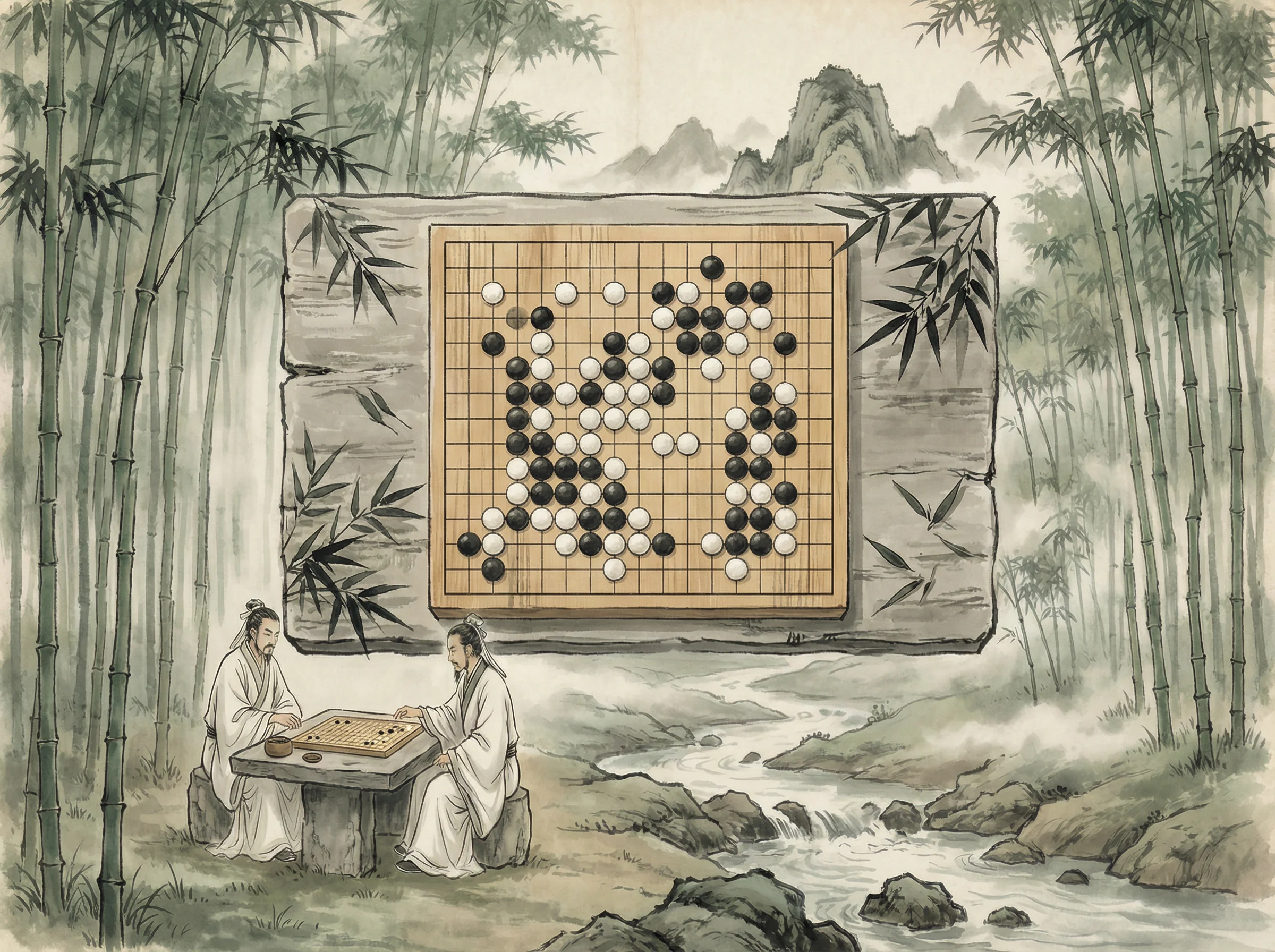 竹林悟道局 炸金花guanwang官网 棋盘布局，黑白子对峙